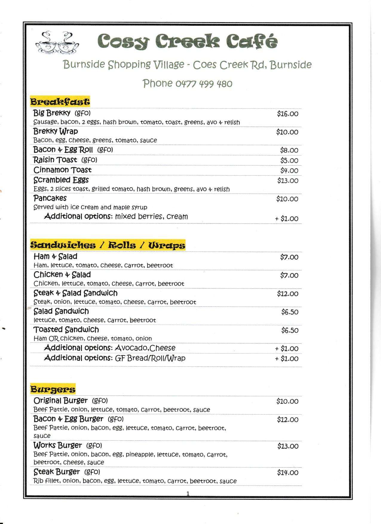 Cosy Creek Cafe Menu 1