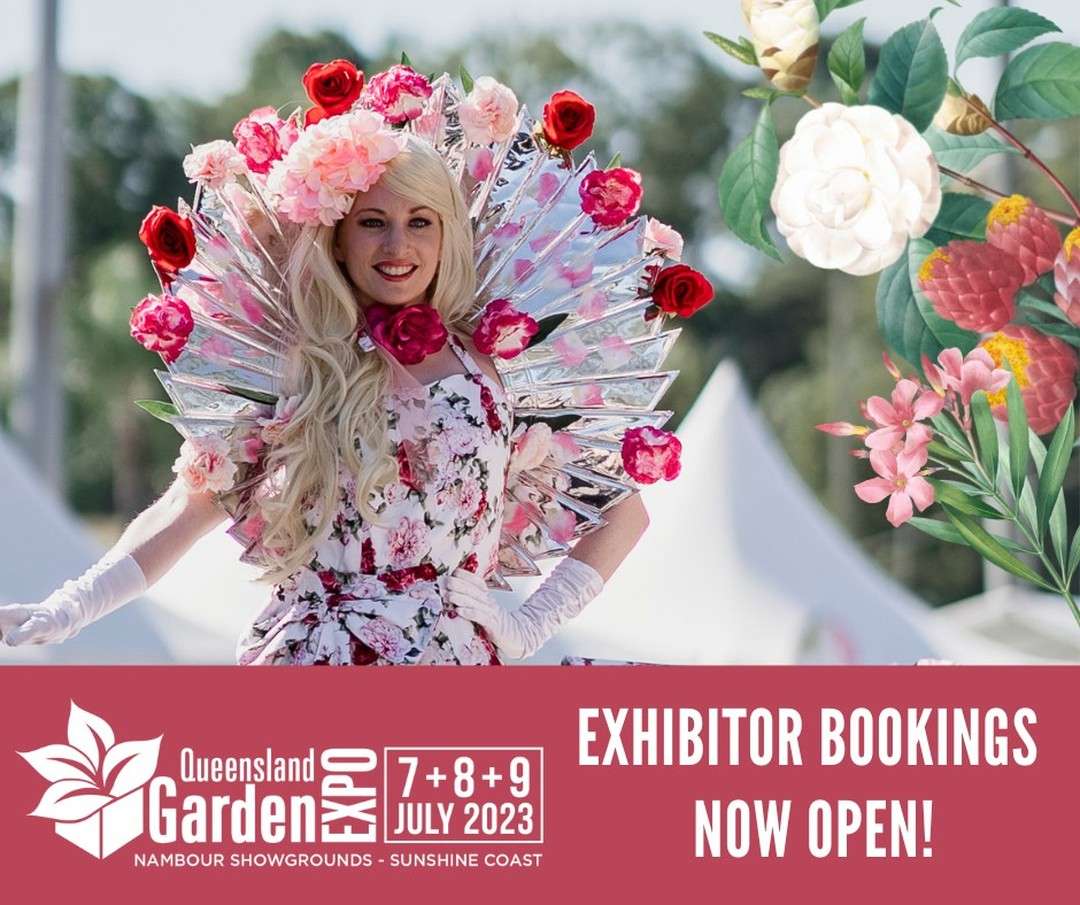 An event poster of Queensland Garden Expo with a women wearing a floral dress designed with real flowers. The poster show the dates 7th, 8th, and 9th of July 2023.