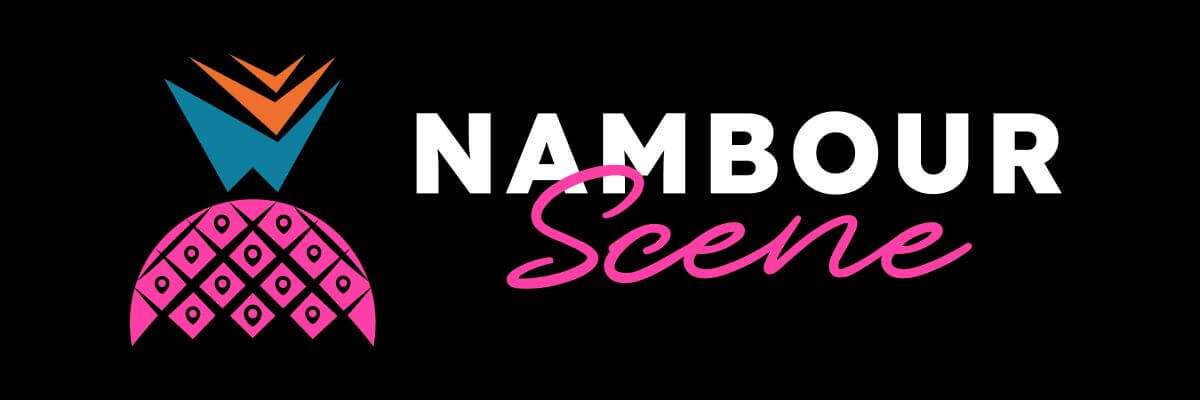 Banner of Nambour Scene local listing website with a clip-art of a pineapple with purple, blue, and orange hue.